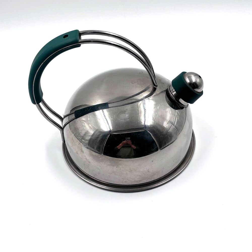 Vintage Dome Stainless Steel Whistling Tea Kettle Green Accents 8"